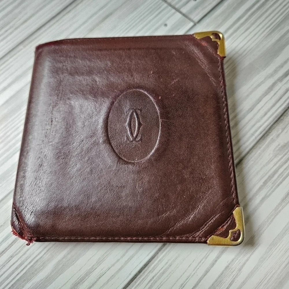 Cartier Vintage Must De Bi Fold Wallet with Coin Pouch in Burgundy Leather